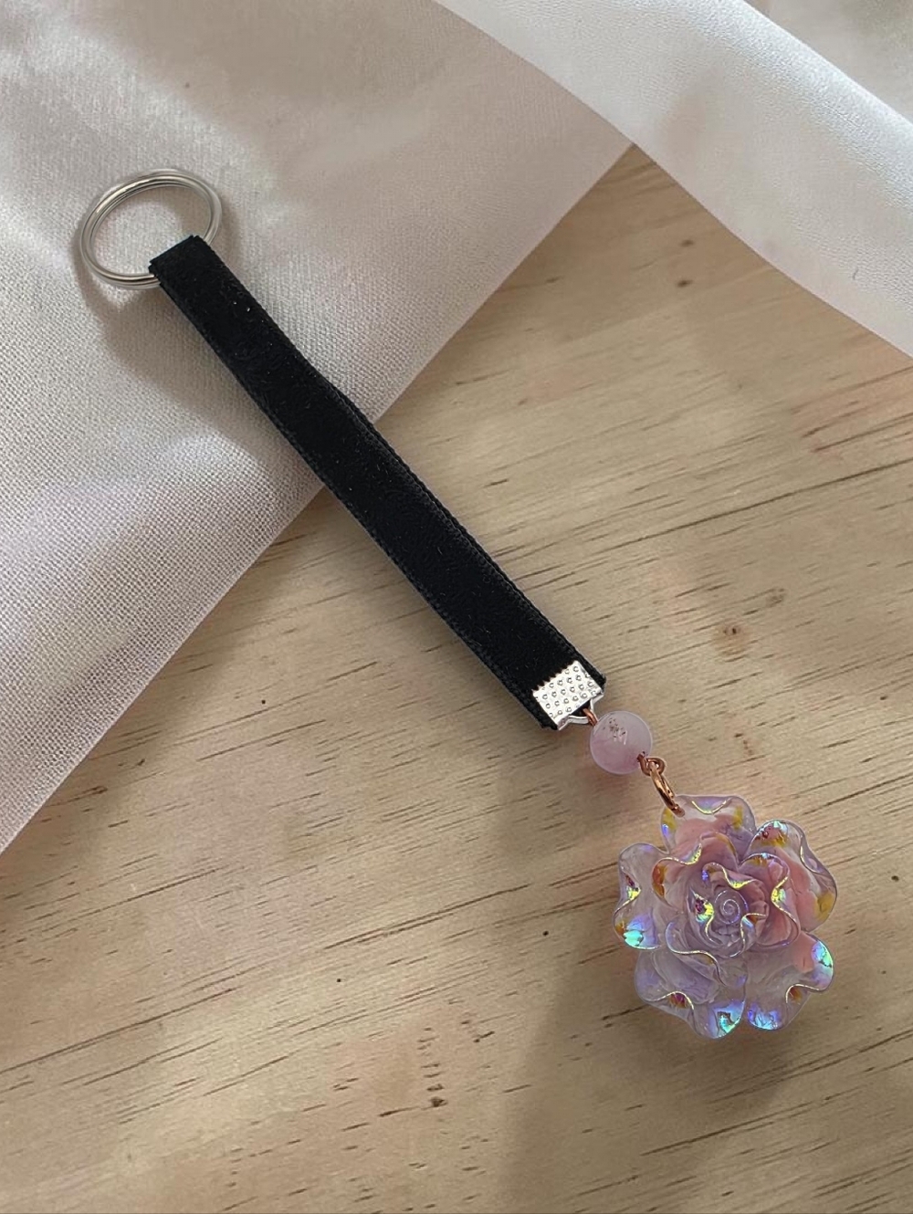 Iridescent Pink Rose Key & Card Holder – Black Velvet Strap Charm